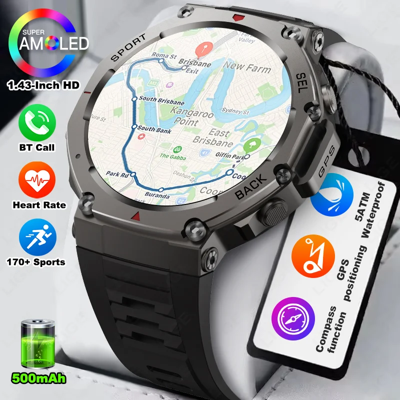 

LIGE Военные GPS Смарт-часы 1,43 дюйма AMOLED Встроенный GPS-компас Сделайте ответ на телефонный звонок Батарея 500 мАч Смарт-часы 5 атм Водонепроницаемые