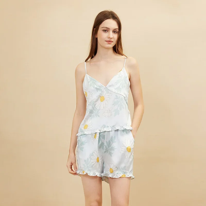 

Пижамный комплект из 100% тутового шелка с принтом ромашки, топ и шорты, пижамный комплект, сексуальное нижнее белье с v-образным вырезом, одежда для сна, пижамы без рукавов, ночная рубашка