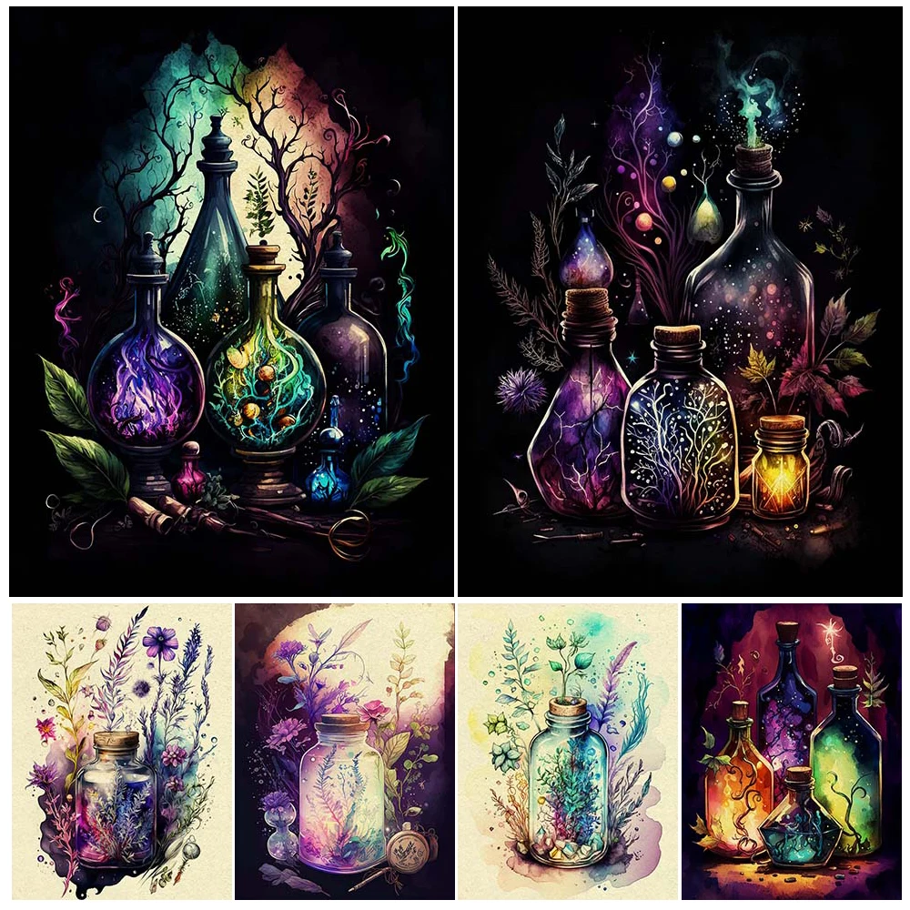

Witchy Dark Goth Apothecary Potion Bottles Abstract Wall Art Canvas Painting Witch Potion Art Poster Print Home Decoration