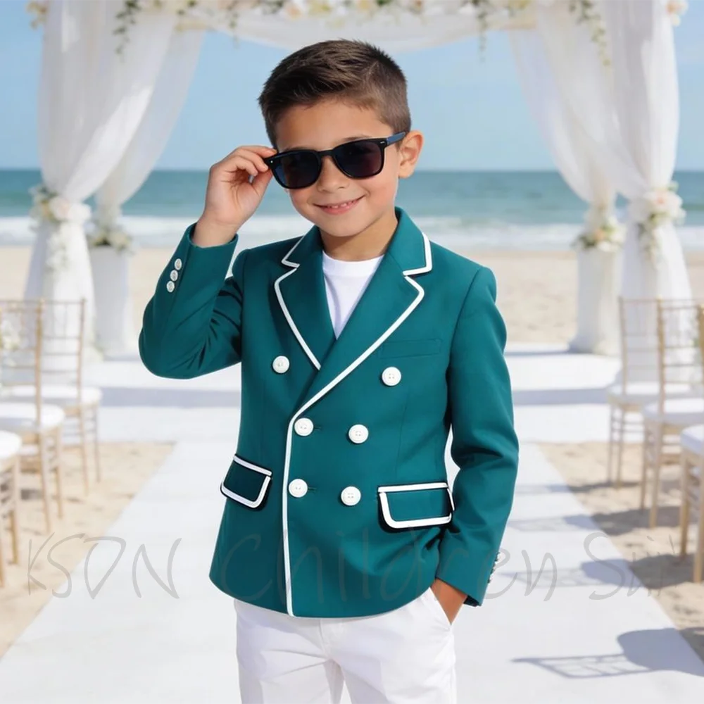 

Fashion Children Boys Suit 2 Piece Double Breasted With White Trim Tailored Made Formal Outfit Casual Party Beach Wedding Set