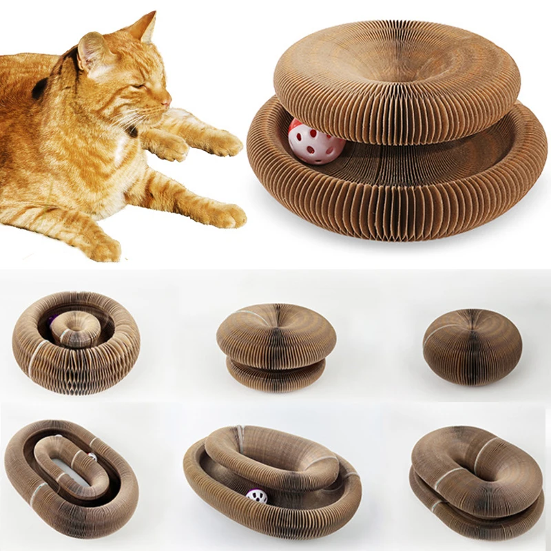 Magic Organ Foldable Cat Scratch Board Toy with Bell Cat Grinding Claw Cat Climbing Frame Round Corrugated Cats Interactive Toys