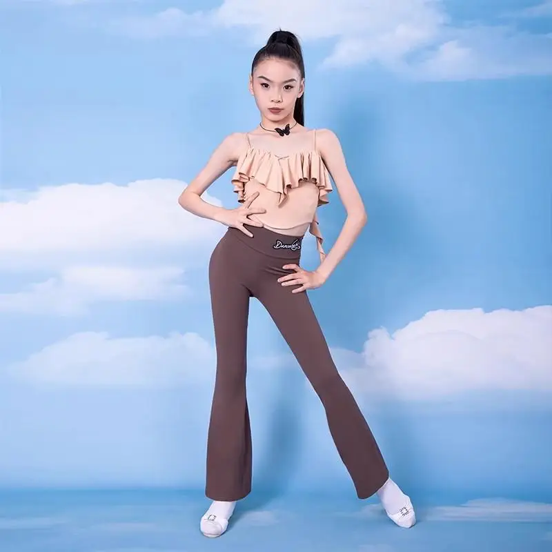 تخصيص النساء الكبار فتاة اللاتينية ملابس رقص التدريب الزي بروتيل أعلى ضيق المناسب جرس أسفل السراويل هامش فستان