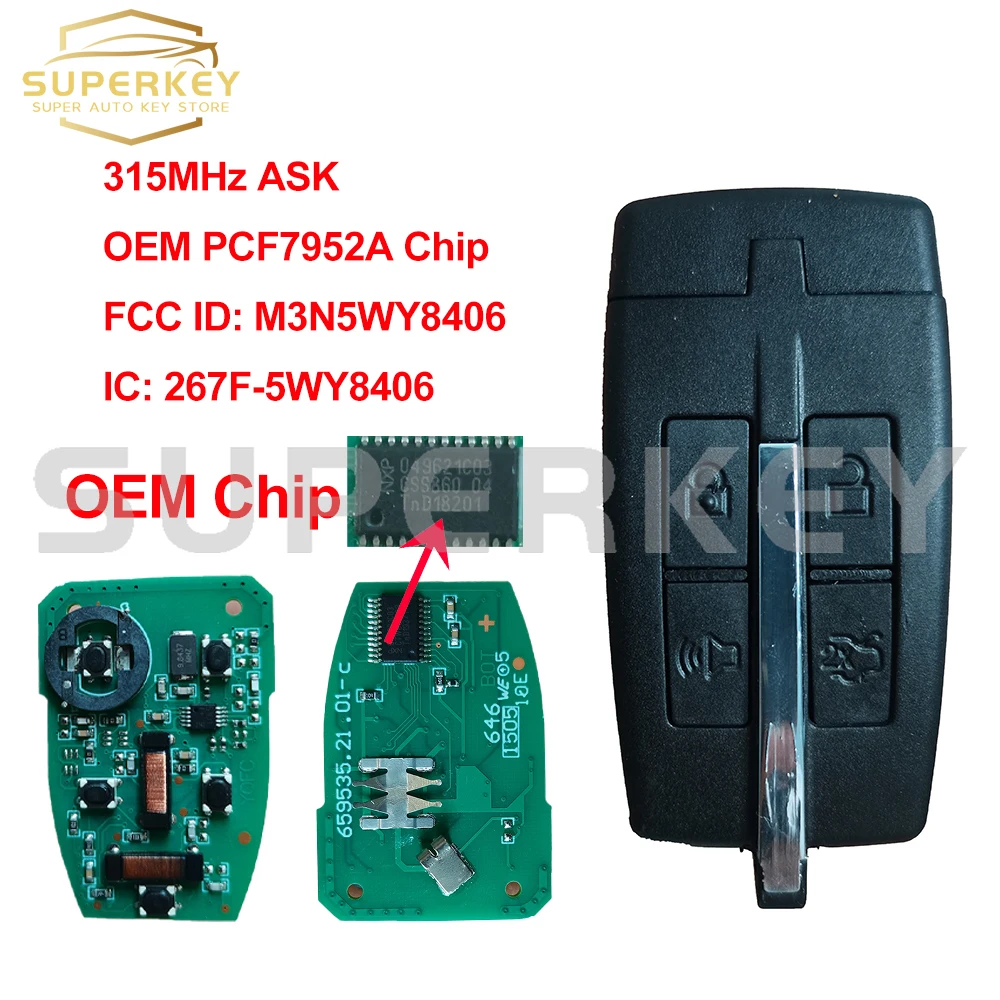 

SUPERKEY Smart Key M3N5WY8406 315MHz ASK 267F-5WY8406 OEM PCF7952A 46 CHIP For 2009 2010 2011 2012 Lincoln MKS MKT Ford Taurus