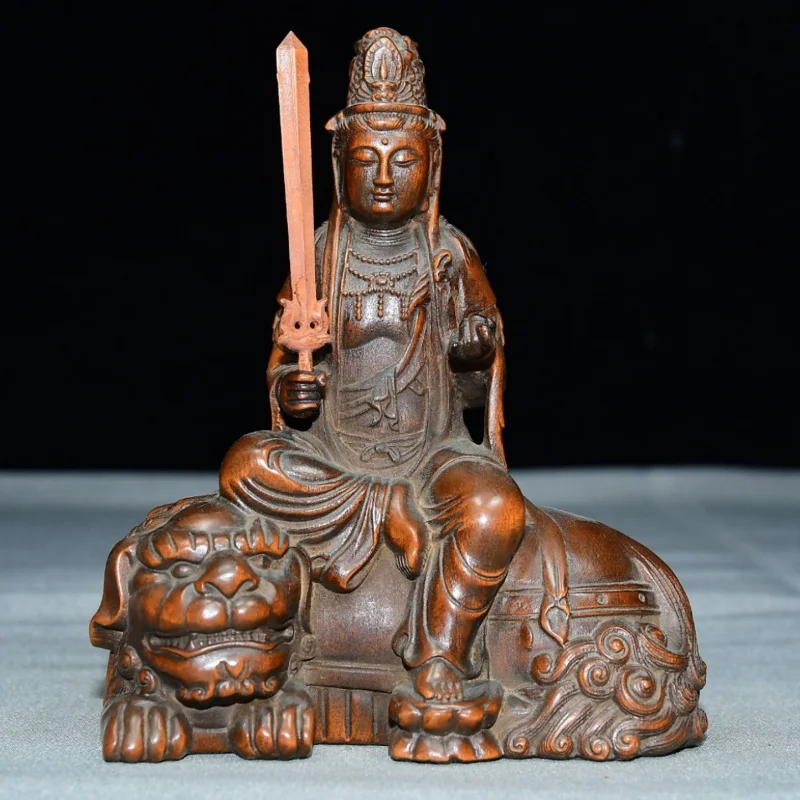 Hand Carved Boxwood Manjushri Bodhisattva On Lion Figurine Vintage Wooden Wisdom Buddha Desktop Decor Craft Gift