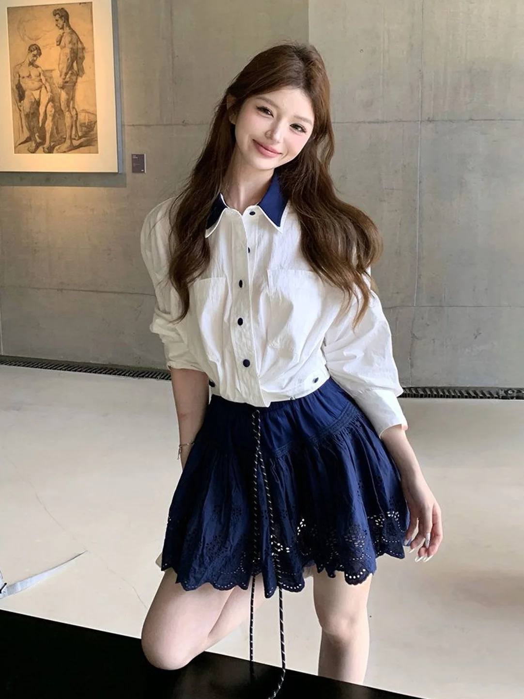 

Fashionable Collar Long Sleeve Shirt And High Waist Skirt Set Women's Spring Outfit College Style Two-Piece Suit