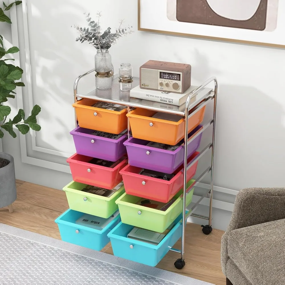 عربة تخزين دوارة مع 10 أدراج للحرف اليدوية، والورق، والصالون، وتنظيم قصاصات الورق