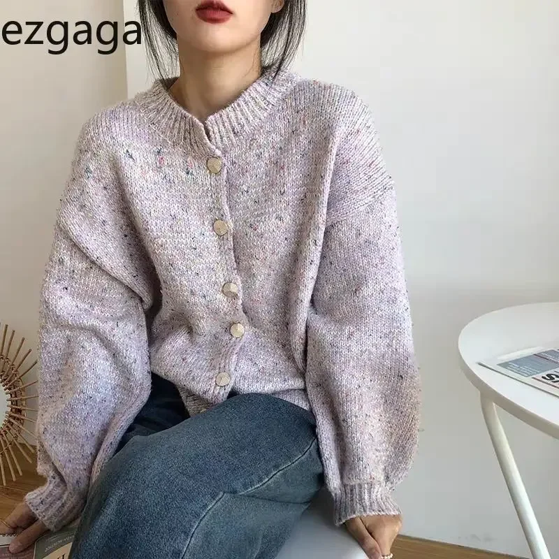 Ezgaga-cárdigan de punto para mujer, Vintage, elegante, cuello redondo, manga larga, prendas de vestir con una botonadura, suéter suelto, moda femenina Chic