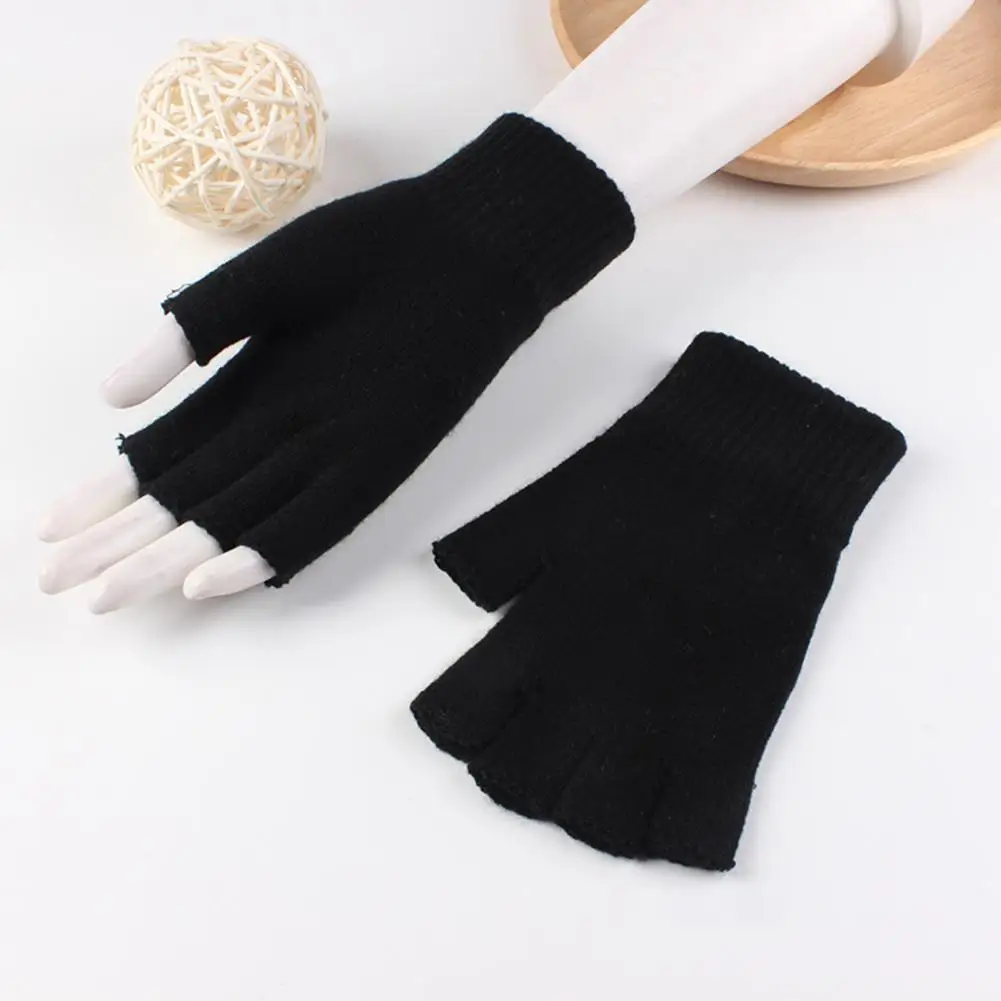 Half Finger Knitting Gloves Unisex Black Woolen Yarn Knitting Half Finger Gloves for Riding Sports Warm Elastic Mittens for Men