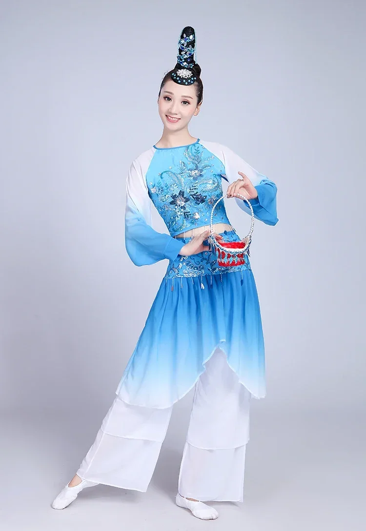 Chinesische klassische Tanzkostüme, Yangko-Tanz für Frauen, traditioneller Folk, alter Fan, Regenschirm, Tanz, Taillentrommel, Hanfu