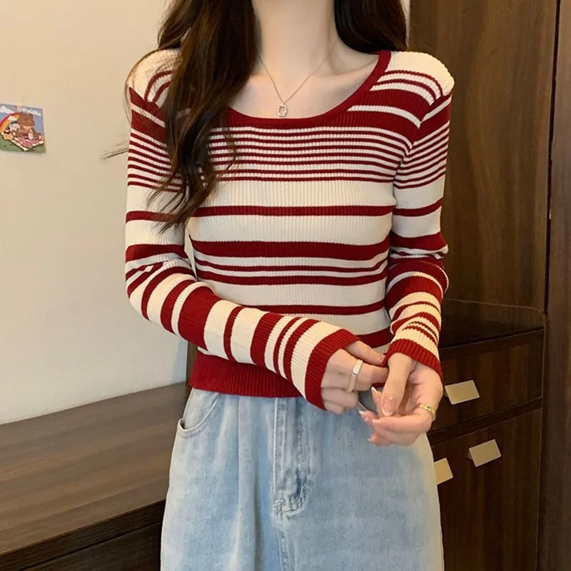 خريف 2025 جديد ريترو التباين مخطط بأكمام طويلة محبوك الطبقات الداخلية قميص قصير المرأة #2