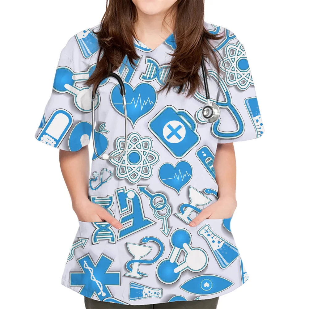 Uniformi chirurgiche da donna prodotto medico stampa grafica scollo a V Scrub top elegante manica corta Pocket Design uniforme da infermiera