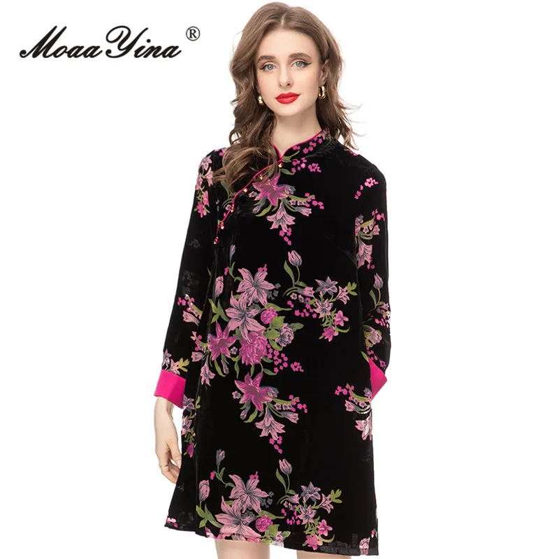 Moretenues Yina-Robe courte à imprimé floral pour femme, vêtement vintage, col montant, taille haute, slim, mini, mode automne