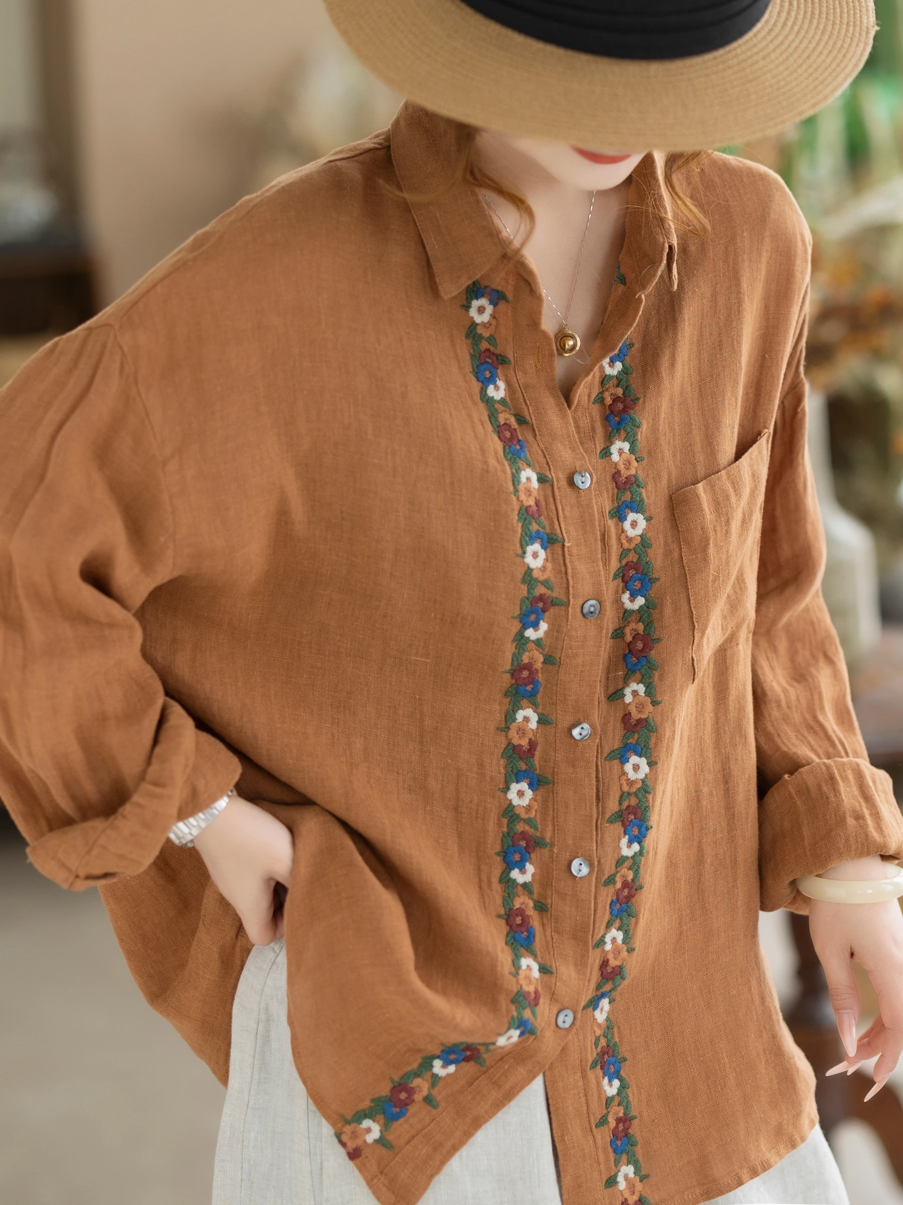 

Casual Style Women's Linen Shirt Spring Summer Loose Fit Slimming Long Sleeve Embroidered Top Comfortable Breathable Female B...