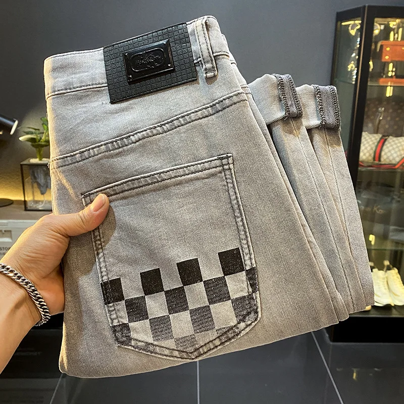 Summer thin men's clothing gray fashionable printed jeans men's slim fit small feet elastic casual trend long pants