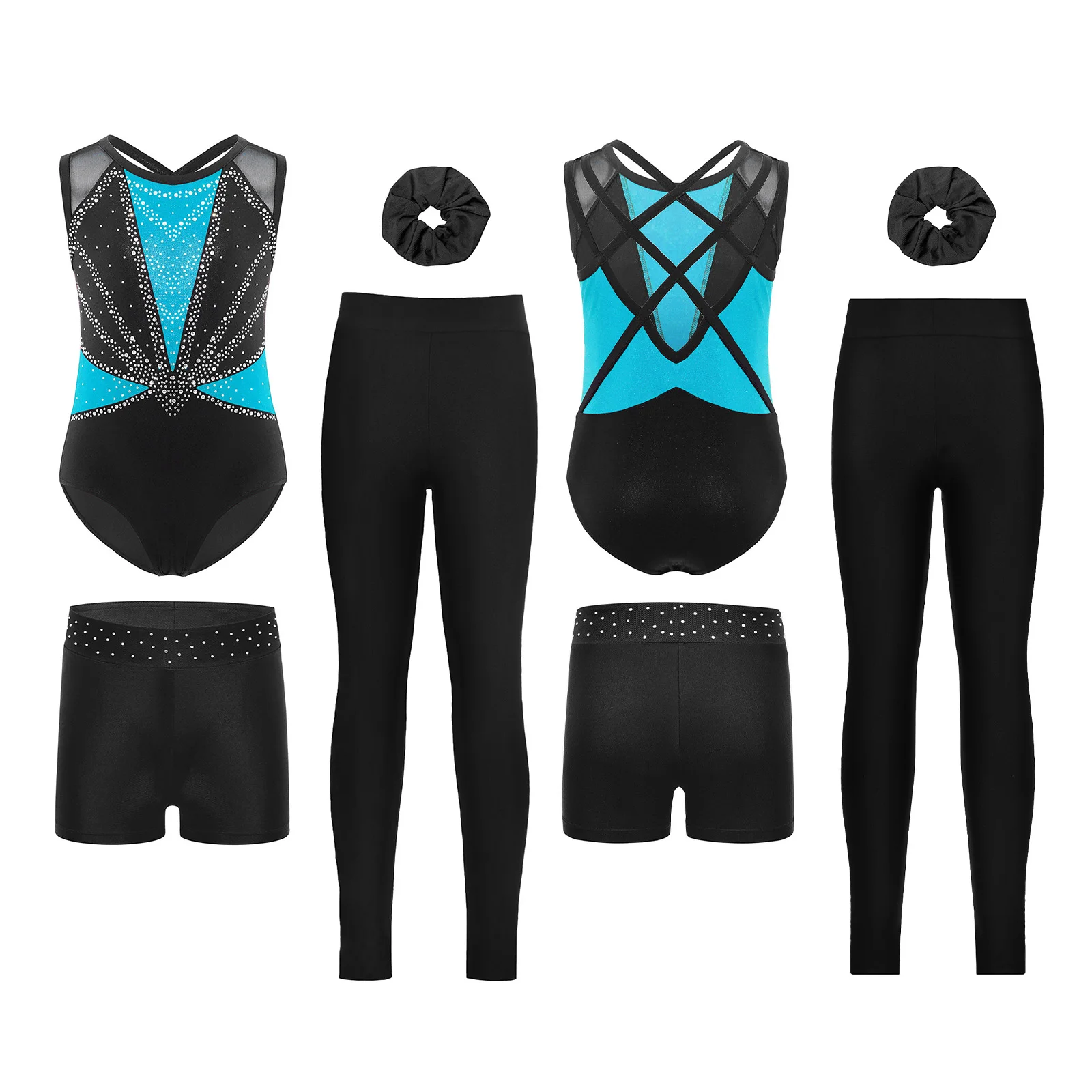 Kids Girls Ballet Dance Skating Gymnastics Acrobatics Costume Sleeveless Rhinestones Metallic Leotard+Shorts+Leggings+Hairband