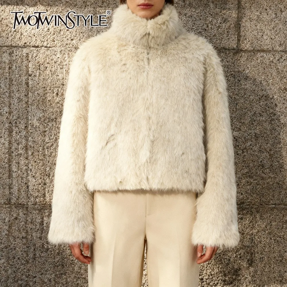 

TWOTWINSTYLE Comfortable Fuzzy Coat for Women Stand Collar Long Sleeve Gentle Style Warm Winter Short Jacket Female Clothing New