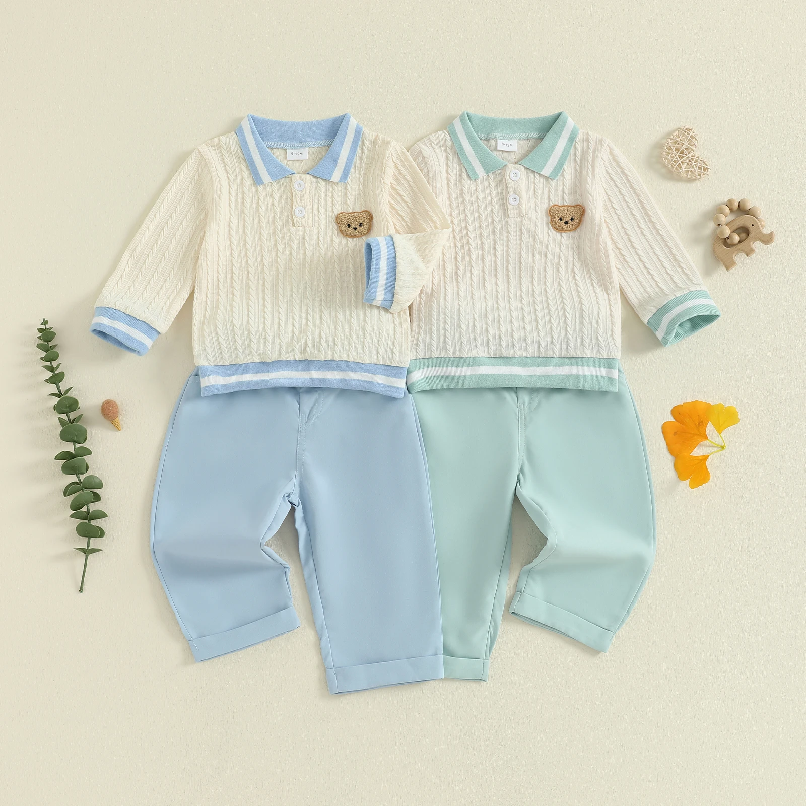 0-4Y Baby Boy 2Pcs Fall Outfit Long Sleeve Bear Embroidery Lapel Sweatshirt Tops Pants Set Warm Boys Clothes