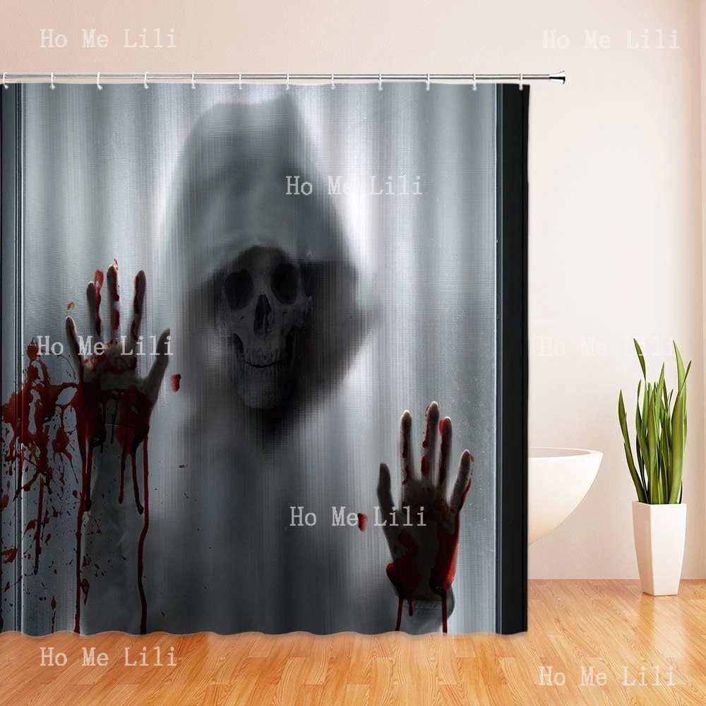 Horror Bloody Hands Shower Curtain Help Me Halloween Weird Silhouette Skull Shadow Scary Ghost House Bathroom Decor