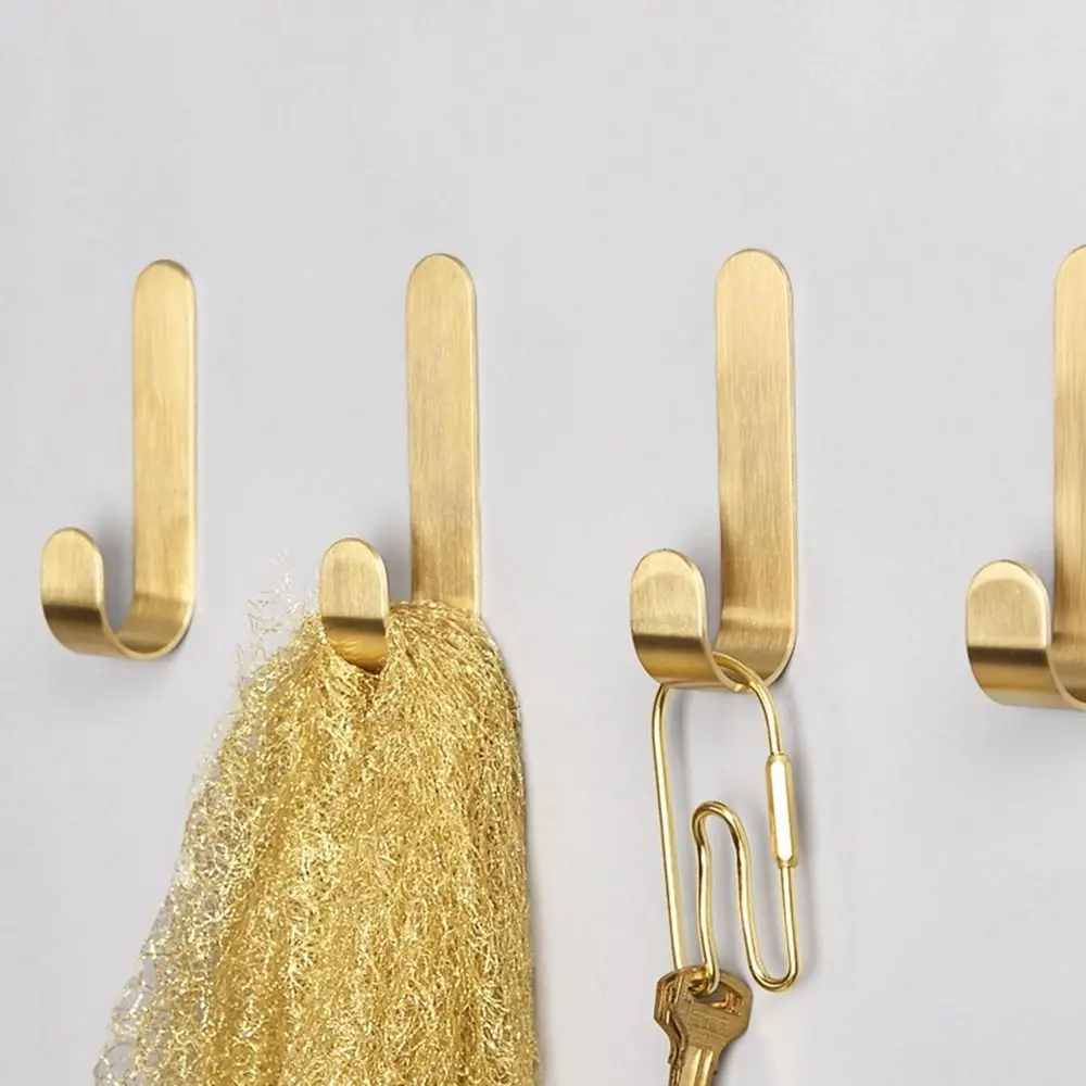 Punch-free Brass Wall Hook Gold J Shaped Towel Hanger Clothes Hook for Kitchen Bathroom