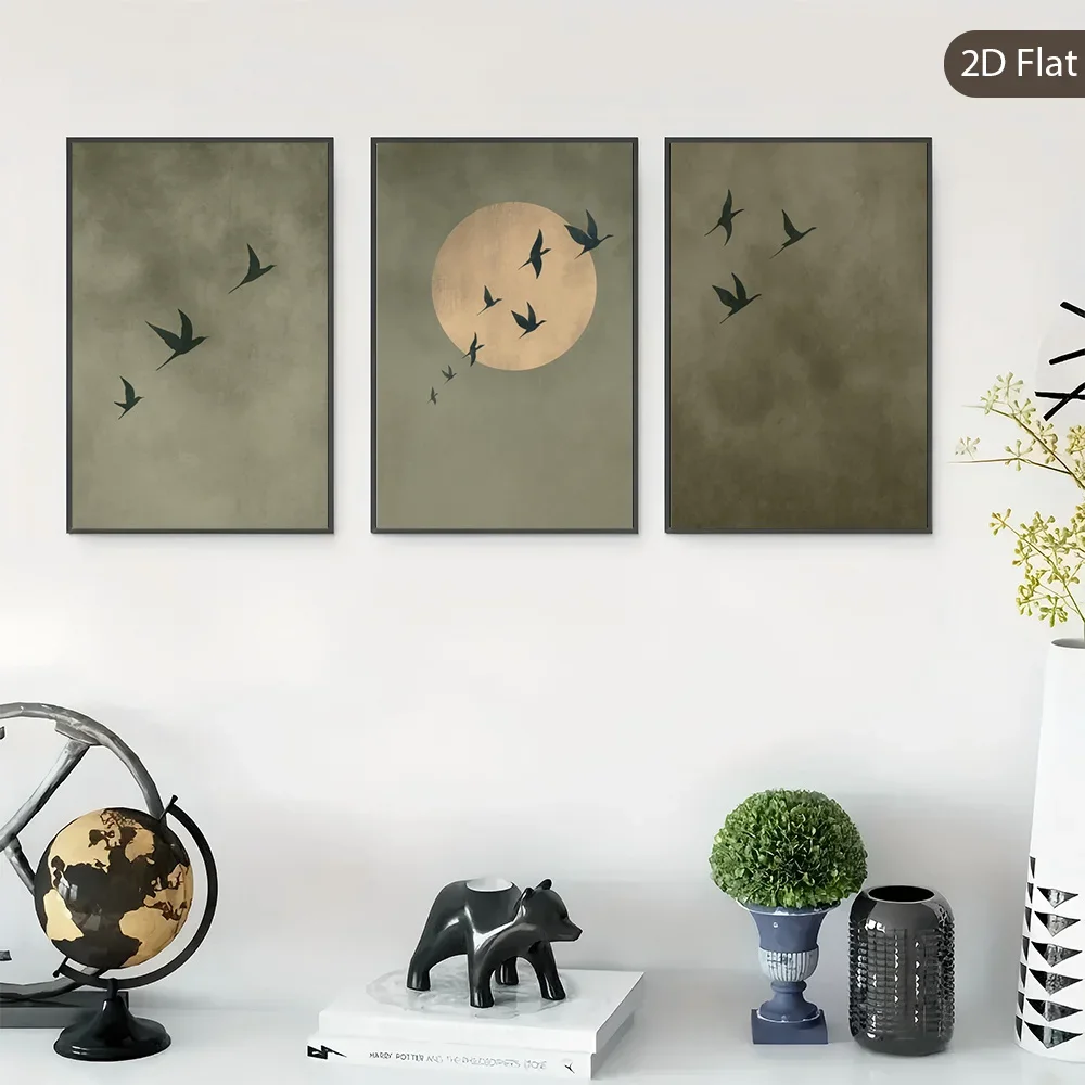 (No frame)2D Flat, 3pcs Unframed Sunlight Flight Artwork Prints, Flying Birds Canvas Paintings, Vintage Style Wall Art Decor,
