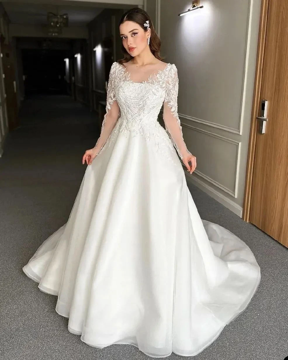 Elegant A-line Wedding Dress for Women Lace Long Sleeves Applicant Sequins Layer up Tulle Court Gown Custom Made Robe De Mariée