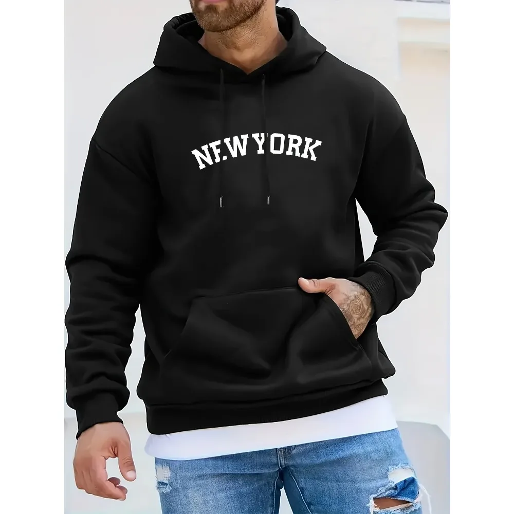 Graphic Print Men's Casual Hooded Sweatshirt Slight Stretch Knit Fabric, Regular Fit Long Sleeve Hoodie with Pocket Sports Cloth