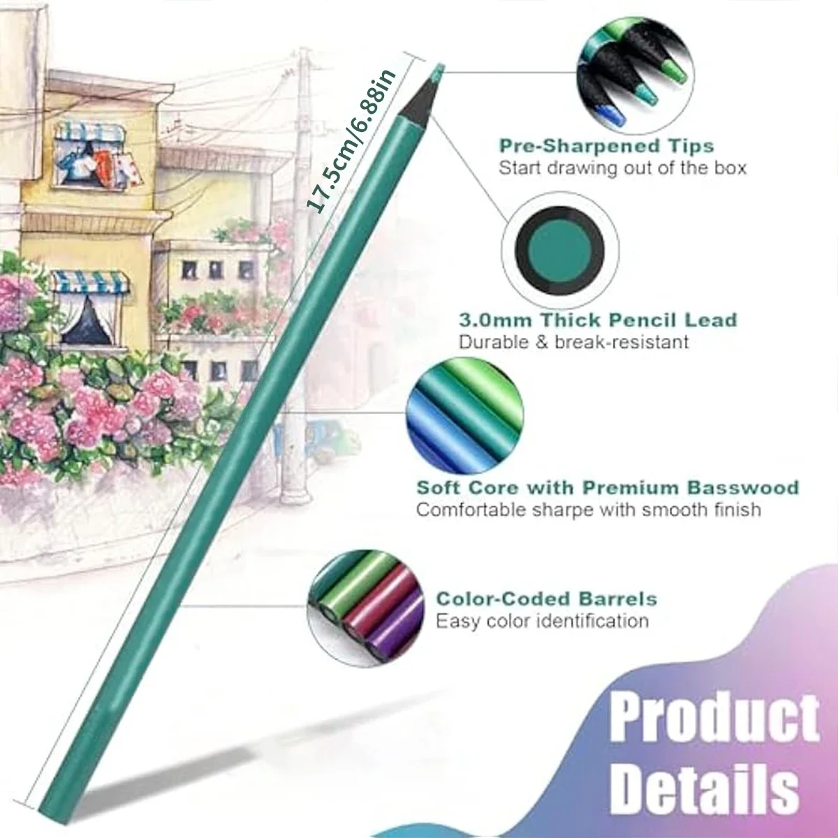 12/24 لونًا قلم رصاص ملون معدني مجموعة رسم ورسم قلم رصاص ملون DIY لوازم فنية تلوين لوحة منزلية