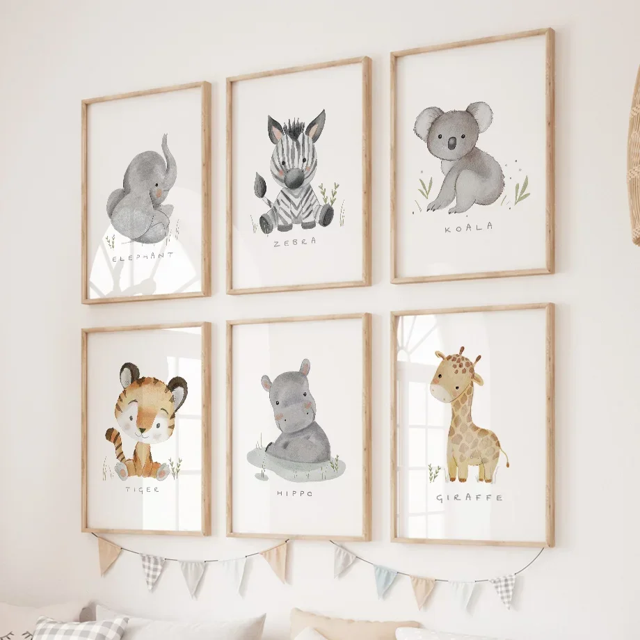 1PC frameless decorative art print,Tiger Giraffe Deer Rabbit Elephant Zebra Koala Cartoon Wall Art Canvas Posters Prints Wall Pi