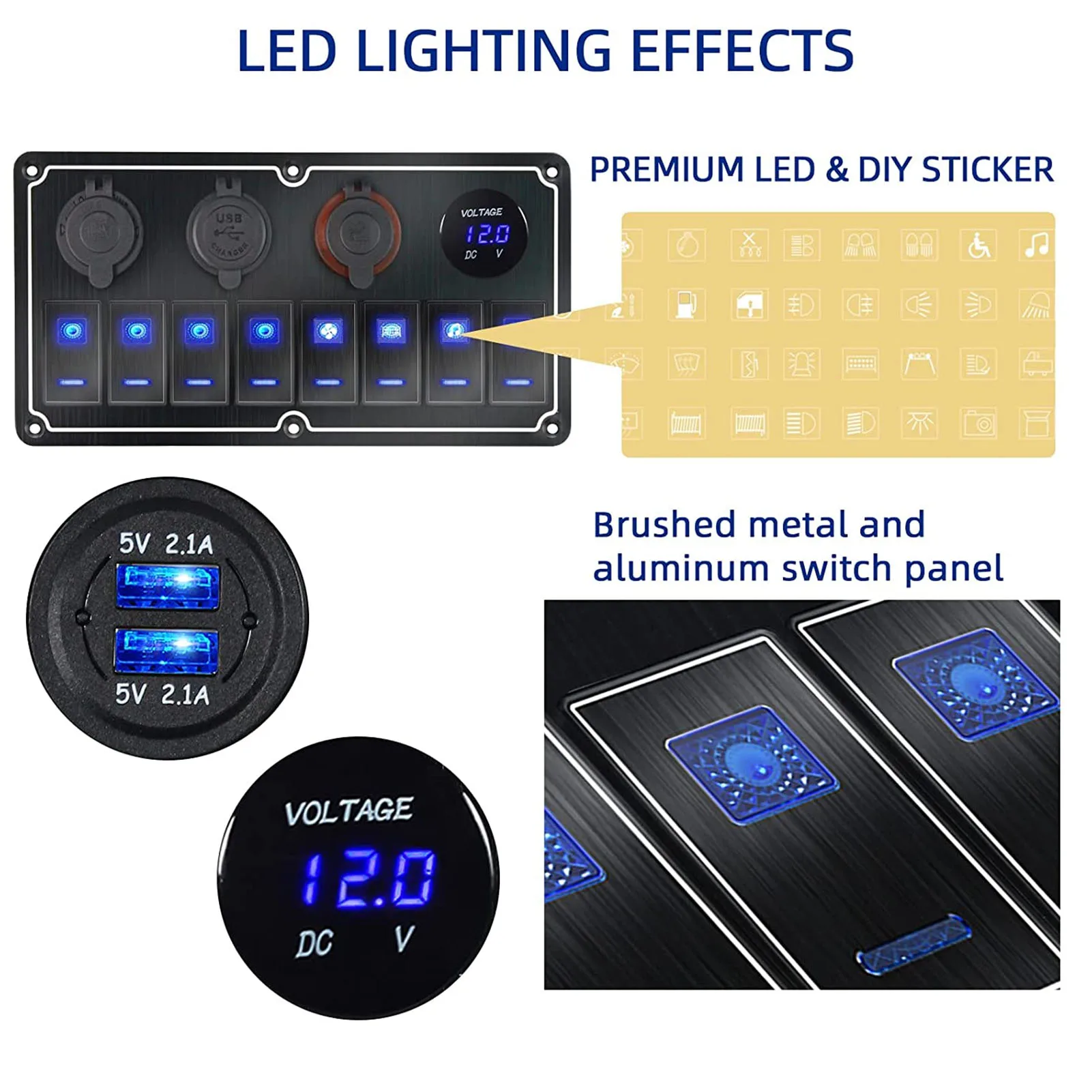 8 عصابة لوحة التبديل الروك 12 إلى 24 فولت 2 المصابيح الزرقاء مع ملصق يدوي الصنع 5 دبوس مقاوم للماء للسيارات RVs اليخوت السفن