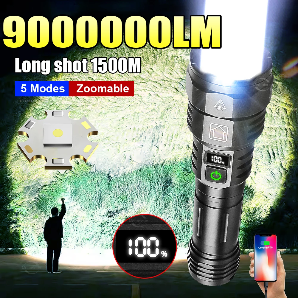 

9000000LM Super Bright LED Display Flashlight Powerful Rechageable Portable Self-defense Lamps Camping Emergency Zoom Hand Lamps
