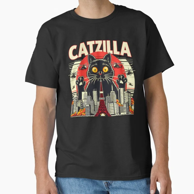 

Catzilla Rises Funny King of the meowsters Vintage Japanese Monster Anime movie gift T shirt for cat lover Large size Tops