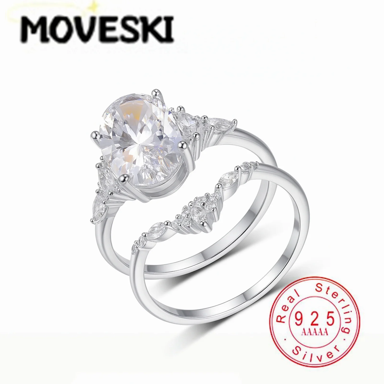 2Pcs Bridal Ring Set 4.5CT Oval Moissanite Ring Real 925 Sterling Silver Pear Side Stone Curved Stackable Fine Jewelry For Women