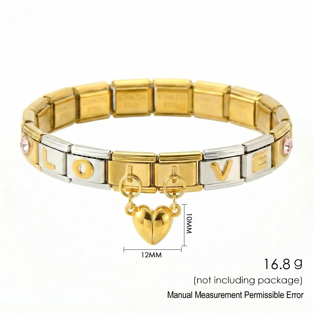 URING 9mm Italian Stainless Steel Bracelet Gold Color Love Heart Element Tool Combination Set DIY Charm Jewelry Gifts 18pcs Pack