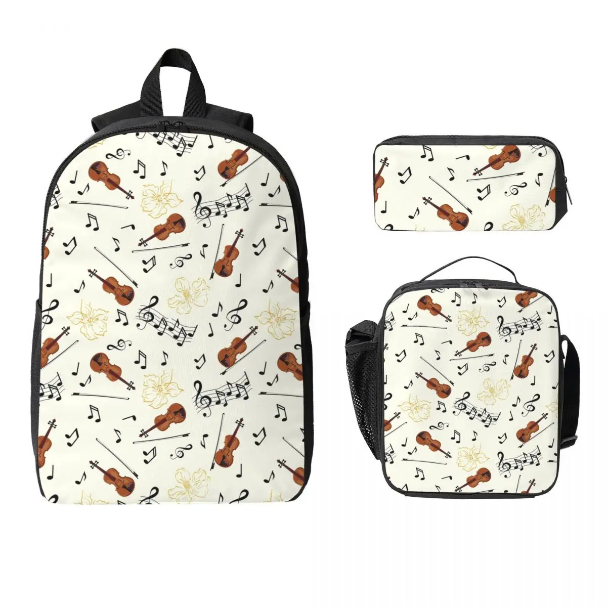 

Violin Music Notes Floral Backpack Student Boy Girls BookBag School Bag Laptop Shoulder Bags 3ps Insulated Lunch Bag Pencil Case