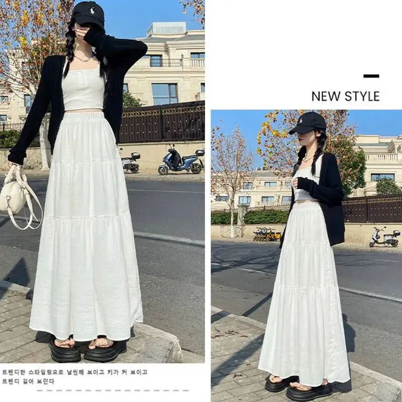 

Летняя длинная юбка для женщин в корейском стиле с высокой талией A Line Midi Ladies Однотонные повседневные универсальные юбки Big Wag Maxi