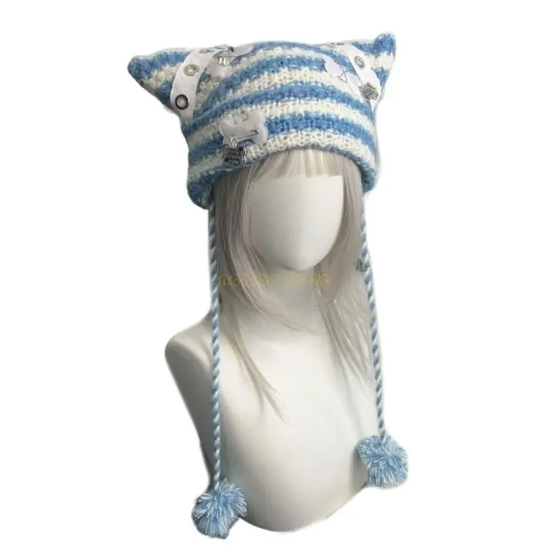 31BF الفتيات قبعة متماسكة قبعة ثقافة فرعية صور الدعائم لطيف القط الأذن قبعة زي Y2K كول محبوك قبعة ثقافة فرعية الملحقات #1