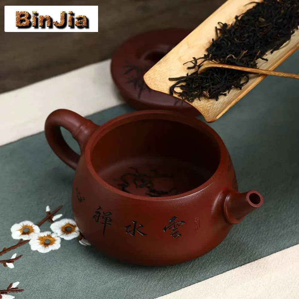 350 مللي أصيلة ييشينغ اليدوية الأرجواني الطين إبريق الشاي اليد نقش الخيزران براد شاي الجمال Infuser غلاية الصينية Zisha مجموعة