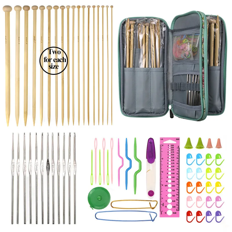 Knitting Needles Set Crochet Hooks Set with Storage Bag DIY Needle Arts Craft Scissors Stitch Markers Sewing Tools