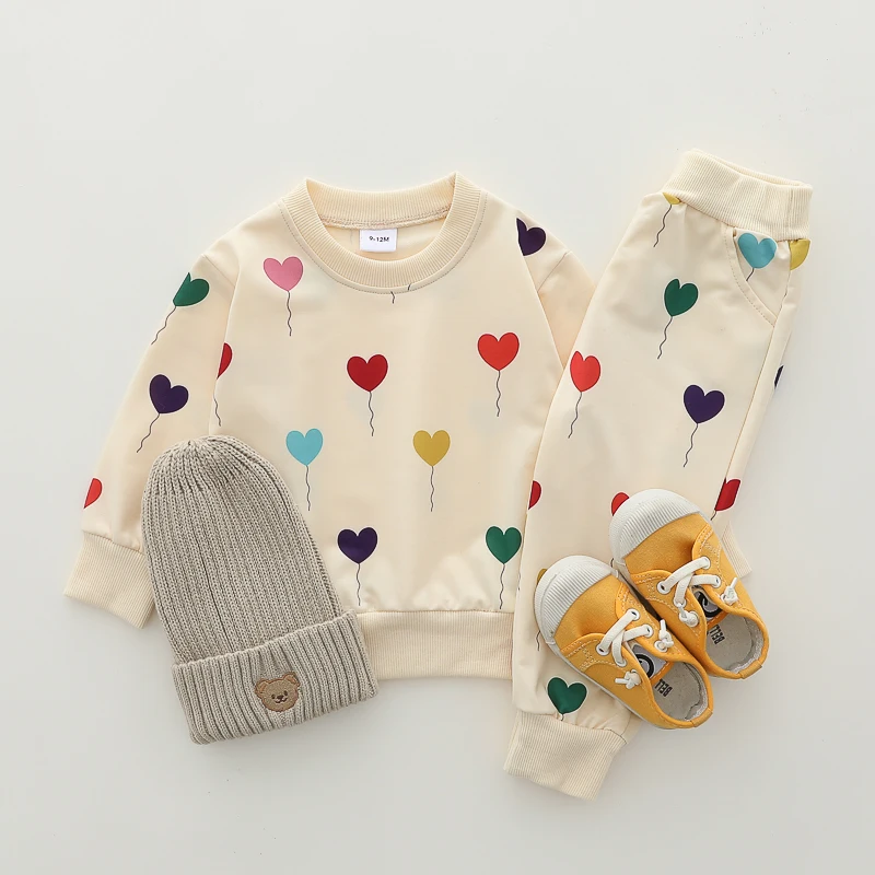 2PCS Infant Spring Autumn Full Print Love Balloon Fashion Long Sleeve Pants Set Baby Outfit Casual Comfortable Clothing Set