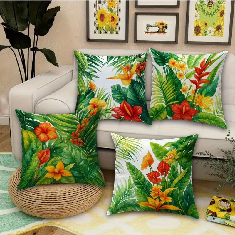 Bohemian Tropical Floral Printed Pillow Cover Set Cushion Cases Polyester Washable Jungle Print Statement Pillow for Sofa Decor