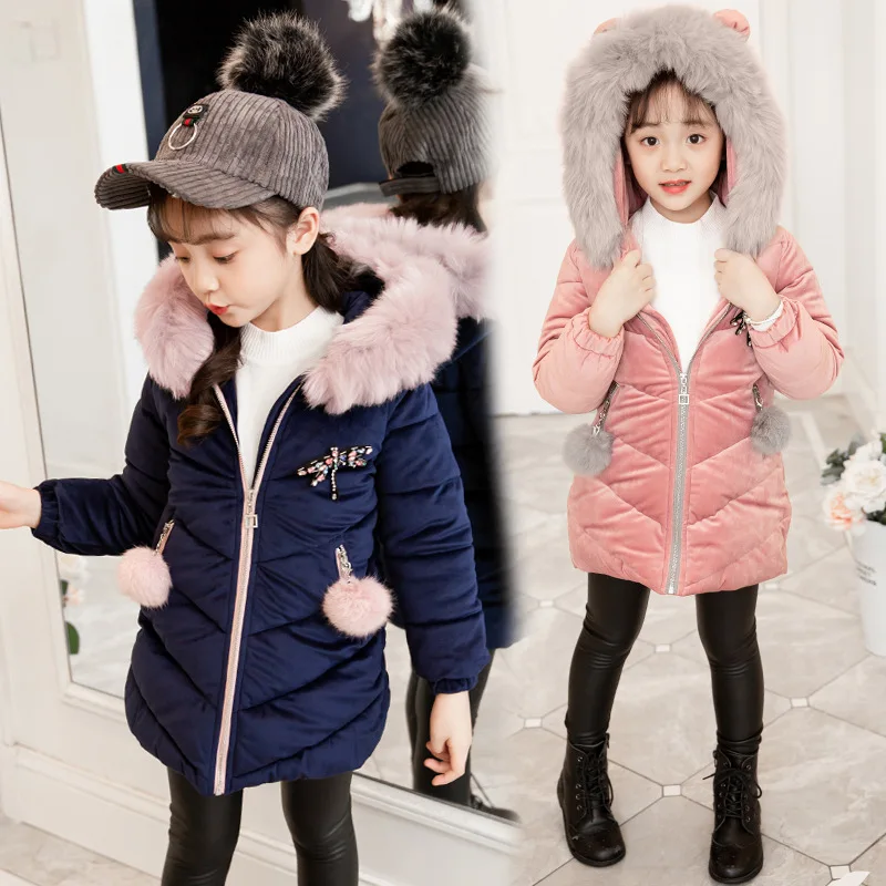 4 5 6 8 10 12 Years Girls Jacket Winter Long Solid Color Velvet Fabric Thick Keep Warm Hooded Coat For Teen Girls Cotton Outwear