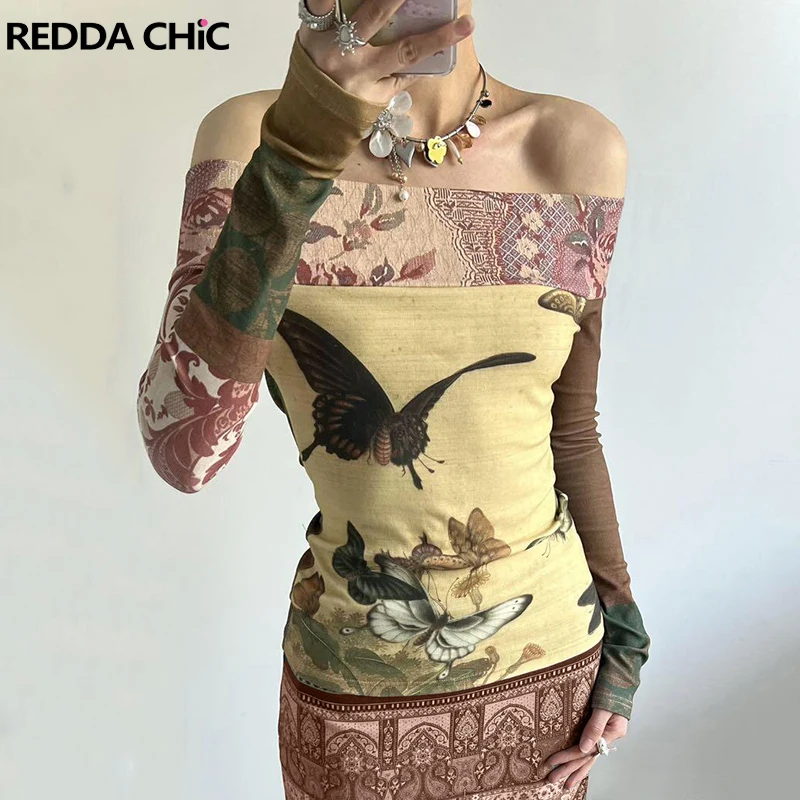 

REDDACHiC винтажная футболка с длинными рукавами и принтом, женский пуловер с цветочным узором бабочки, топ с открытыми плечами, альтернативная одежда Y2k