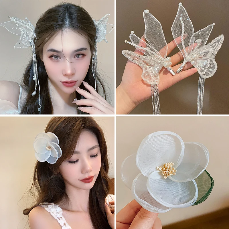 

1/2 Pcs Elf Butterfly Flower Hair Clips Set for Women Girls White Gauze Crystal Rhinestones Fringe Duckbill Hairpins Accessories