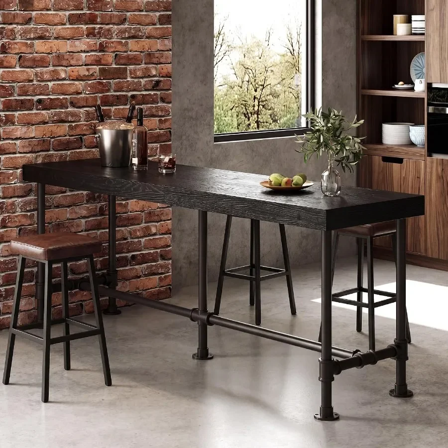 70.9-Inch Long Solid Wood Bar Table for 6-8 People, Industrial Narrow Counter Height Pub Table with Metal Footrest, Rectangular