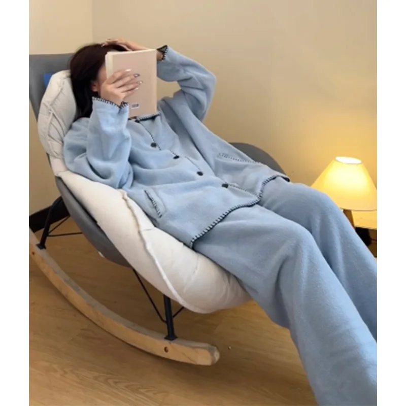 الشتاء بلون Homewear المرأة بيجامة مجموعة يمكن ارتداؤها كملابس خارجية Pj رشاقته الدفء ملابس النوم لينة المرجان الصوف ملابس خاصة #3