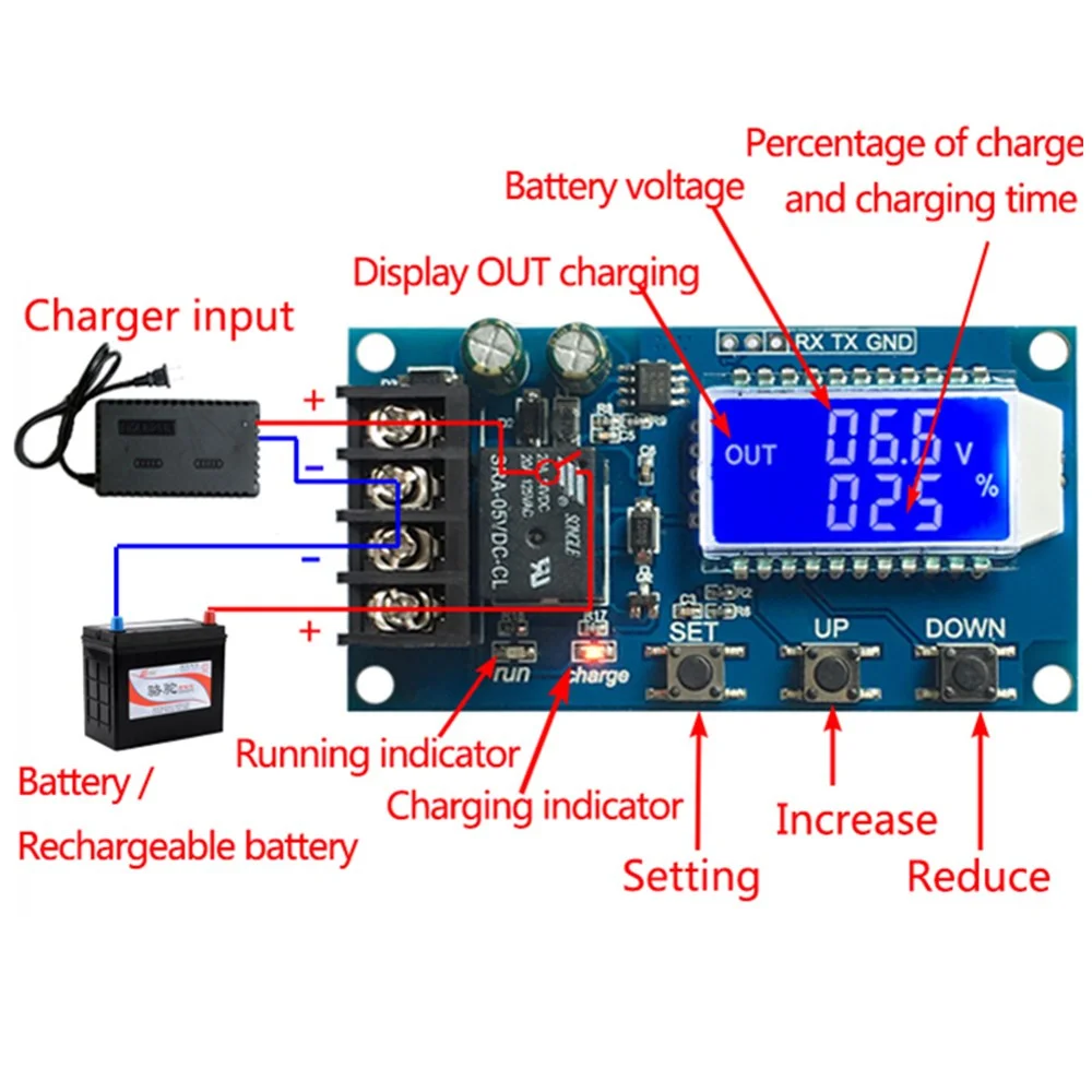 Lithium Battery Charge Controller Protection Board Auto Charging/Cycle Charge/Limited Time Charge Switch Relay LCD Display 6-60V