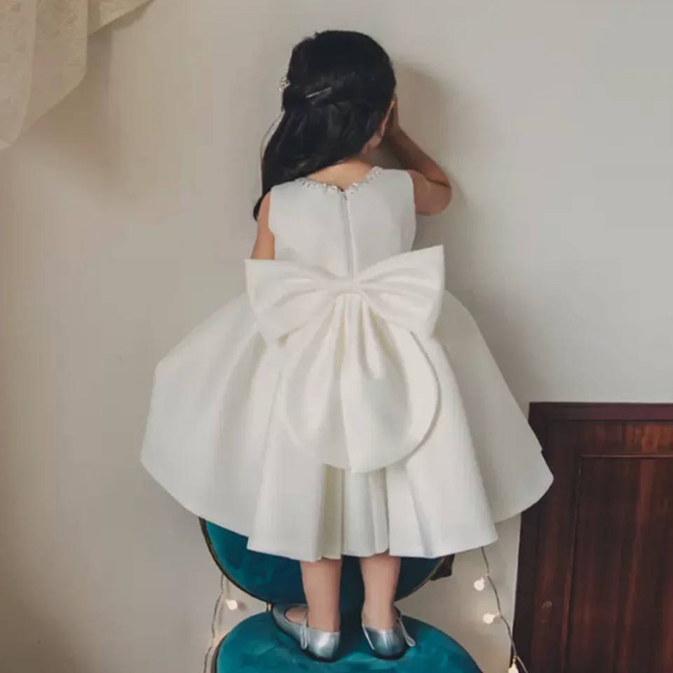 White Bow Flower Girl Dress For Wedding  First Communion Dress  Appliques Ball Gown Girl Princess Tulle Baby Simple Dress 2025