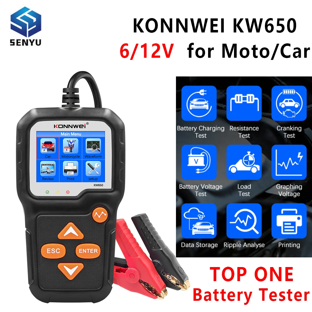 KONNWEI KW650 6 12V Car Moto Battery Tester System Analyzer Hybrid Electric Vehicles Test Tool AGM GEL EFB German Polish Russian