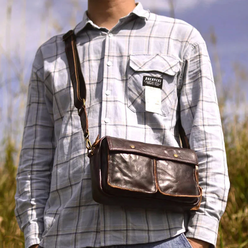 Leather Shoulder Bag Men's Casual Style Top Layer Tanned Cowhide Retro Leather Crossbody Bag Leisure Korean Version Small Bac...
