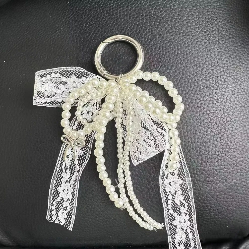 

Korean Lace Keychain Bow White/Black Pearl Beaded Pendant Bag Pendant Package Accessory